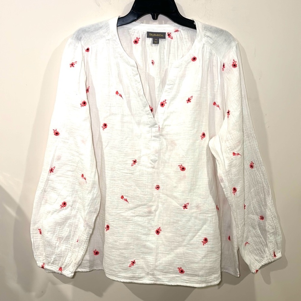 New White‎ & Pink Floral Peasant Boho Style & Co. 100% Cotton Comfy Cozy Soft